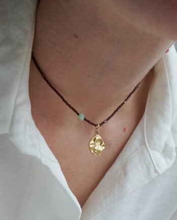 Naszyjnik amazonit, ametyst, srebro pozłacane, koraliki szklane